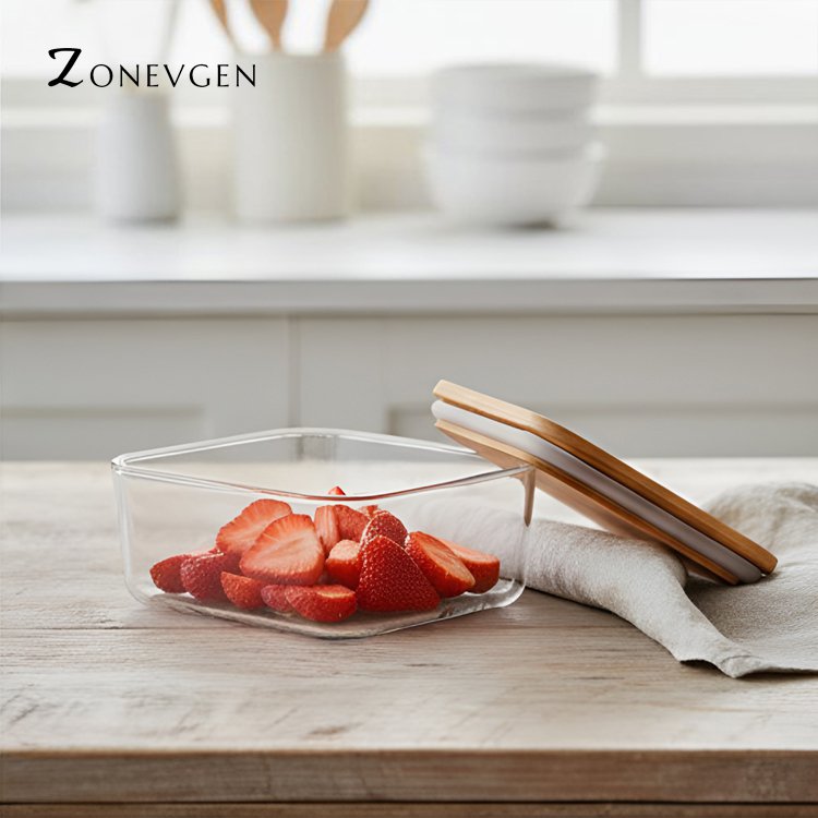 나무 뚜껑 투명 식품 보관함 세트 전면 사진