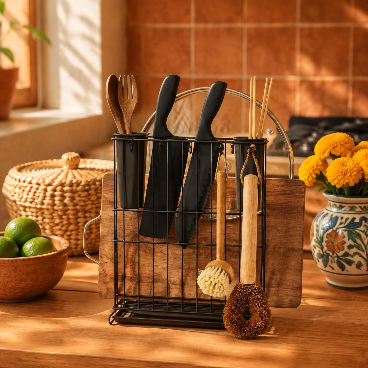 Soporte para cucharas y set de tabla para picar