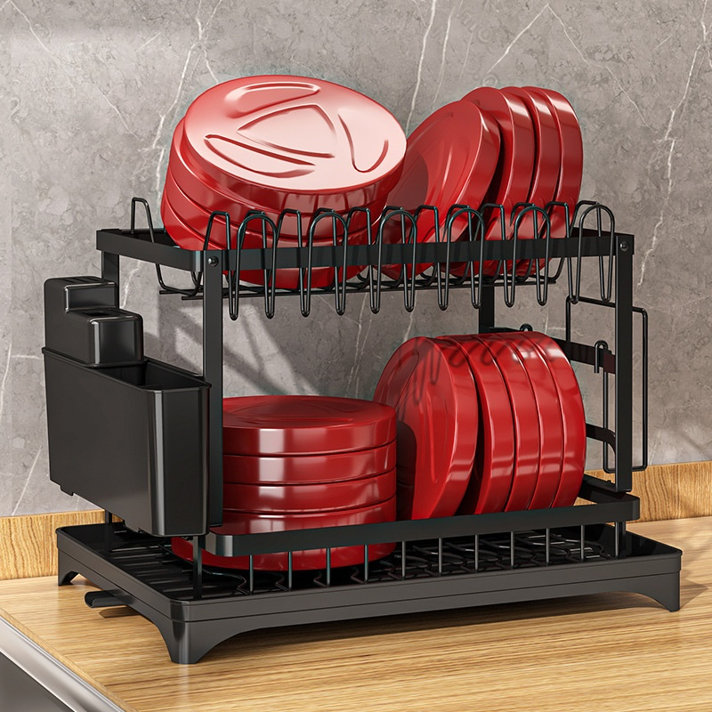  Double-layer Bowl Water Draining Rack Kitchen Storage Shelf