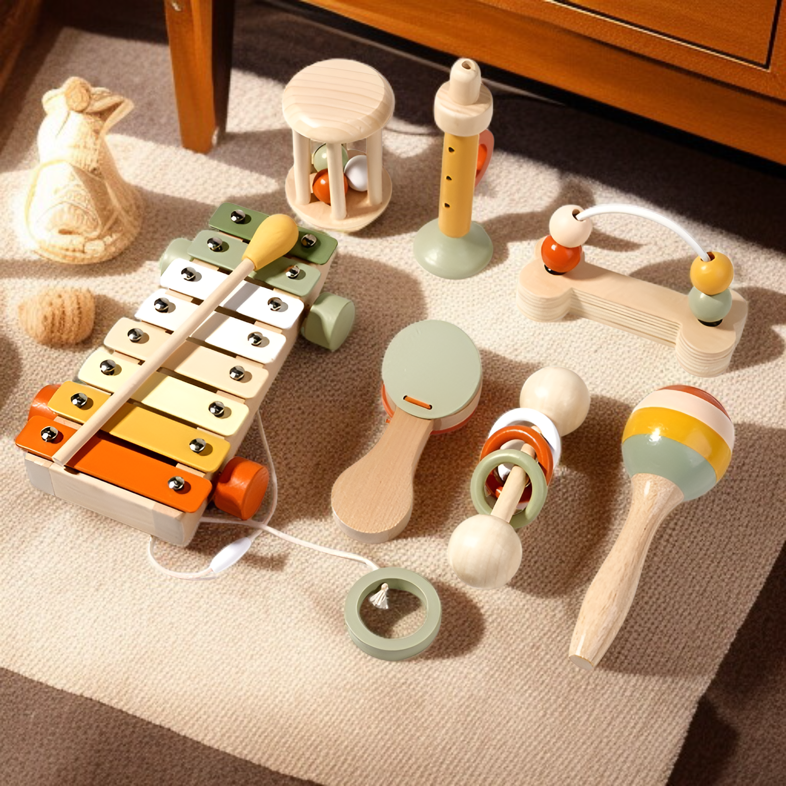 신생아 감각발달 원목 딸랑이, 몬테소리 음악교육 악기, 아기 손근육 발달 장난감