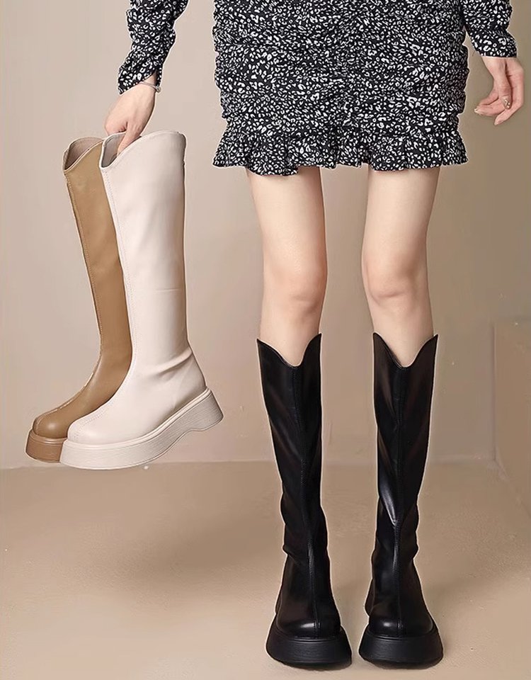 V 입후 바닥 슬림 가죽 부츠