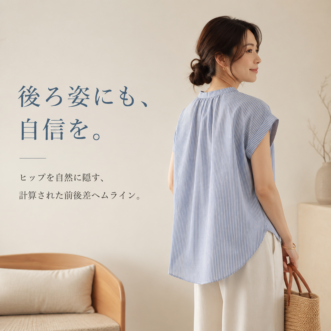 シンプルな日本風丸首ストライプ半袖シャツ レディース