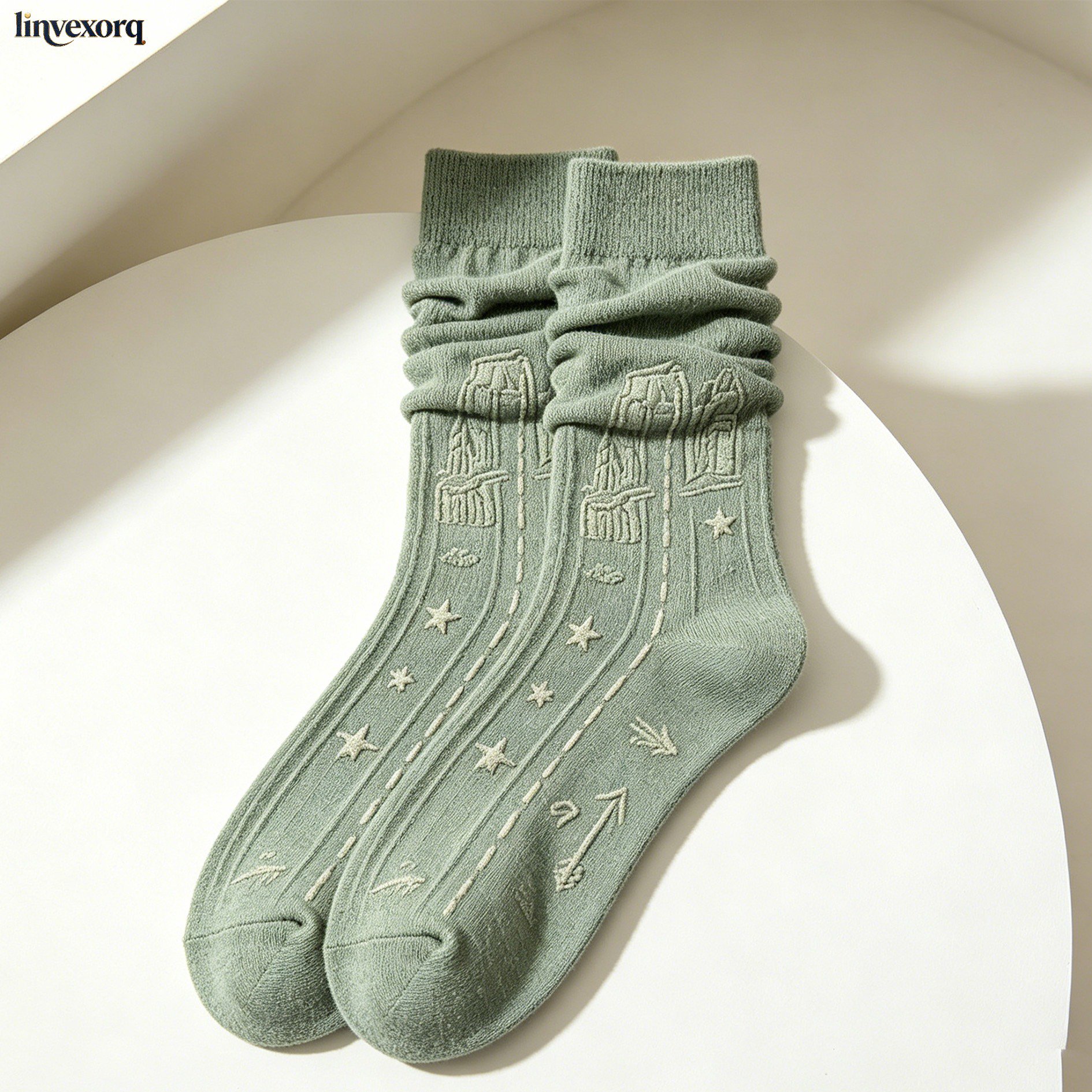 Close-up of embroidery detail on mid-calf socks