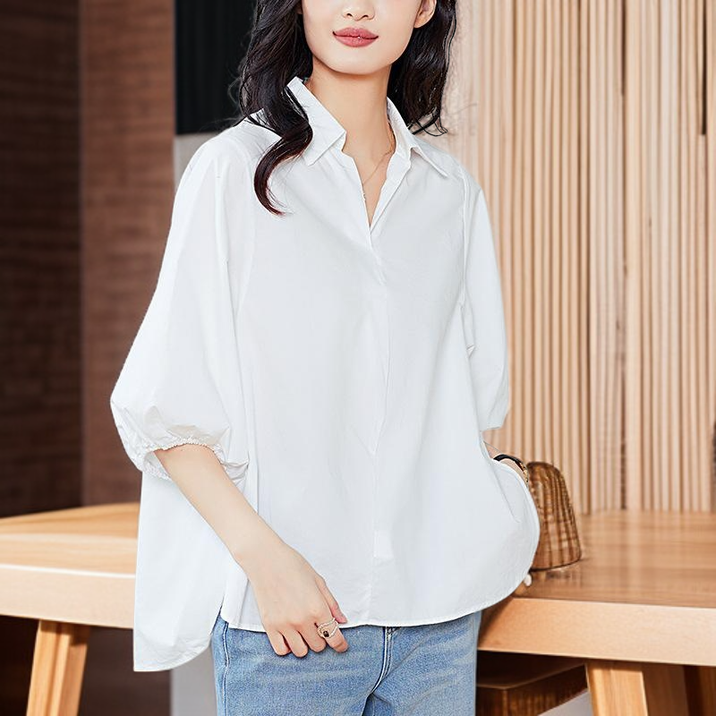 2025 신상 칼라 옆트임 칠부 블라우스 정면 착용샷