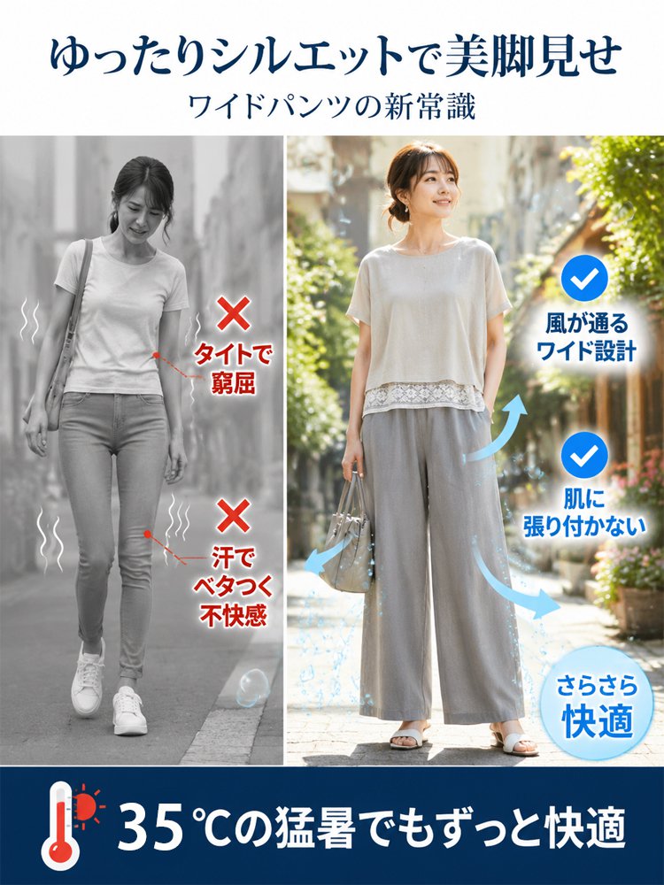 【美しいドレープ】レディースハイウエストリネンワイドパンツ