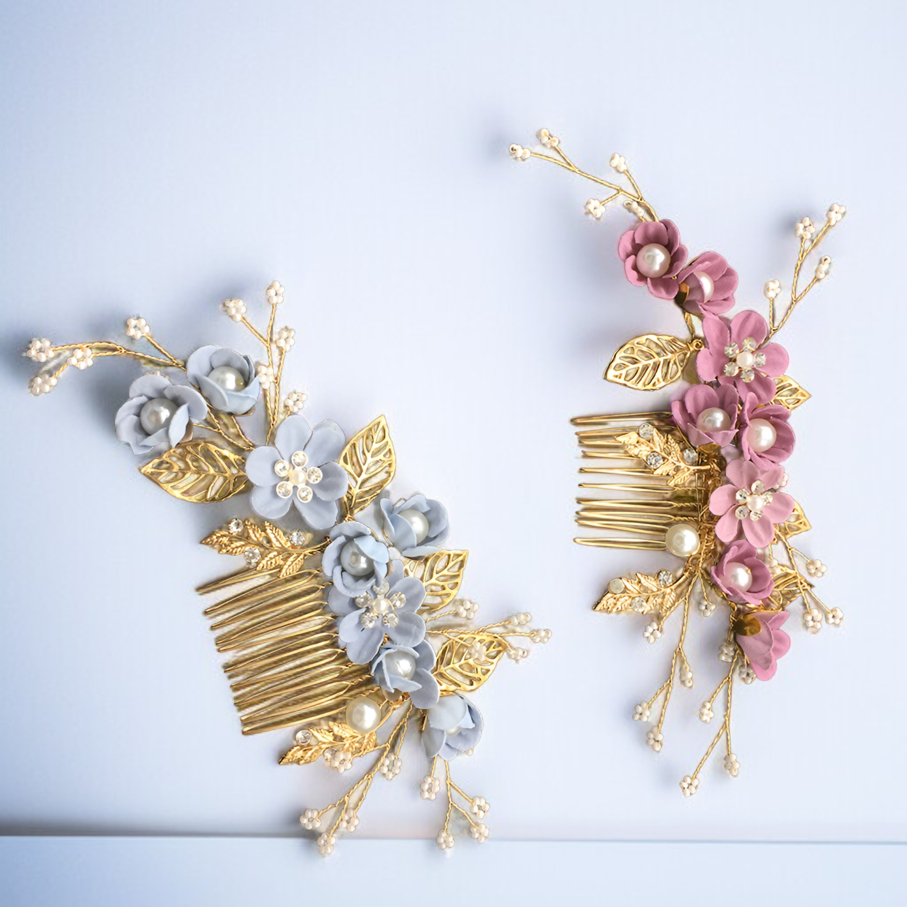 세련된 블루 컬러 꽃 머리핀 스타일링