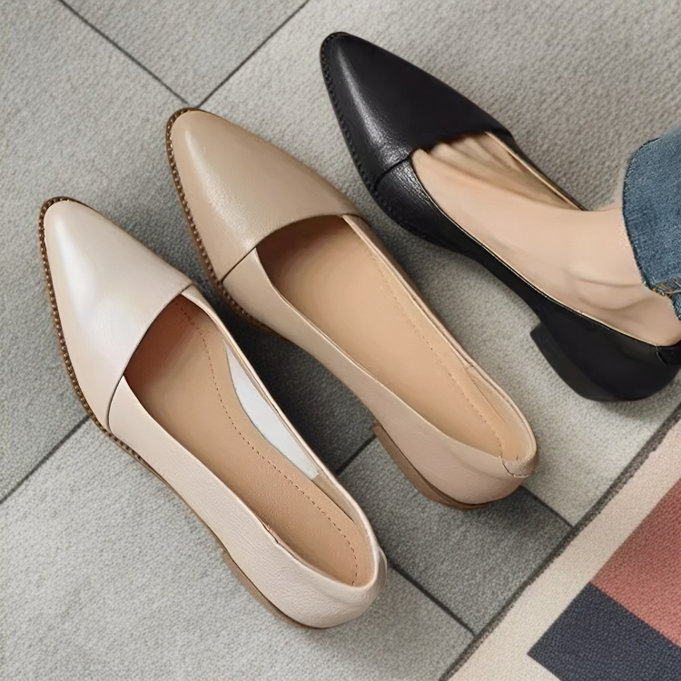 살구색 소프트 가죽 여성 스틸레토 단화 미들 굽 통굽 여성화