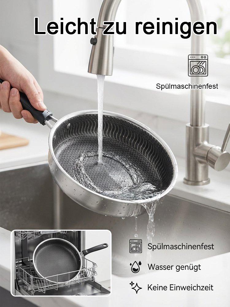 Edelstahlpfanne zum Braten von Eiern und Steaks.