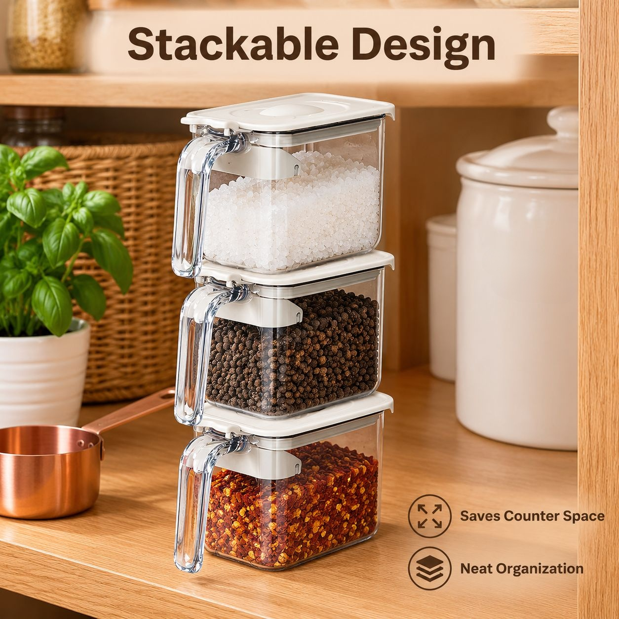 Japanese Style Moisture-Proof Seasoning Box with Spoon Stackable Salt Spice Jar