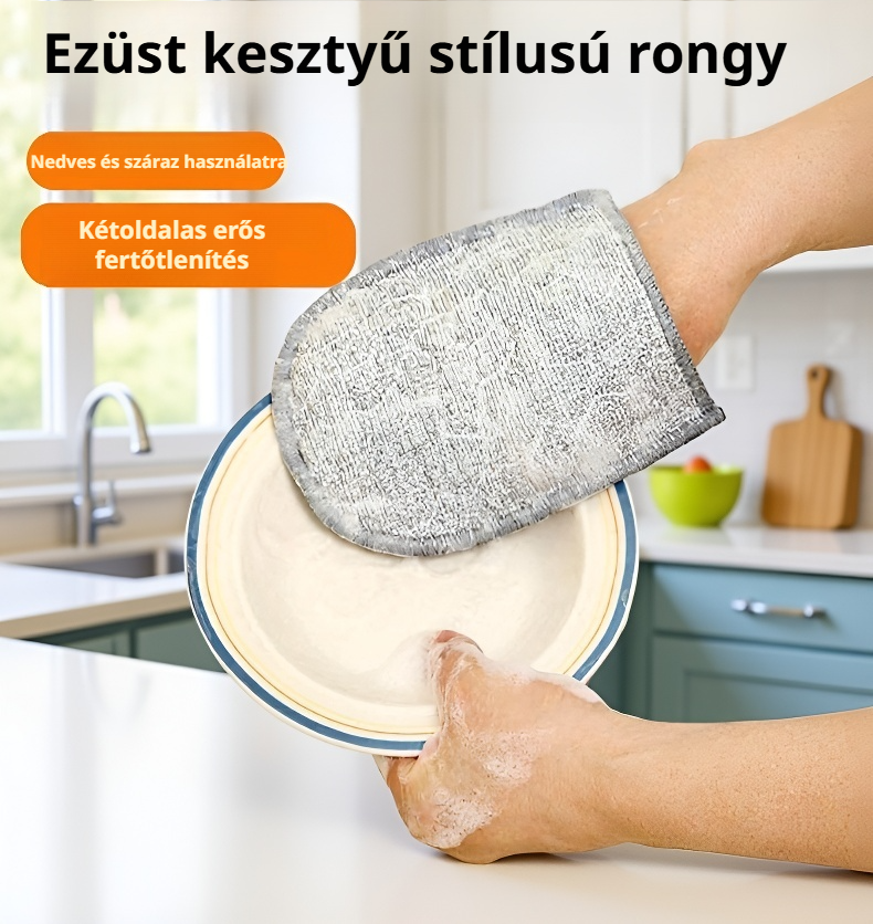 Kétoldalas olajtaszító ezüstszálas kesztyű alakú törlőkendő közelről