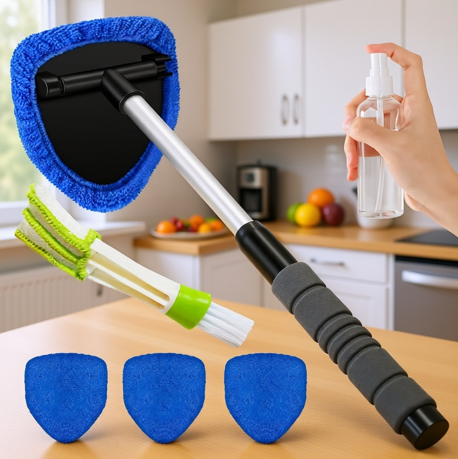 Mikrovláknový stěrač na okna, čisticí kartáč, teleskopický odmrazovač do auta