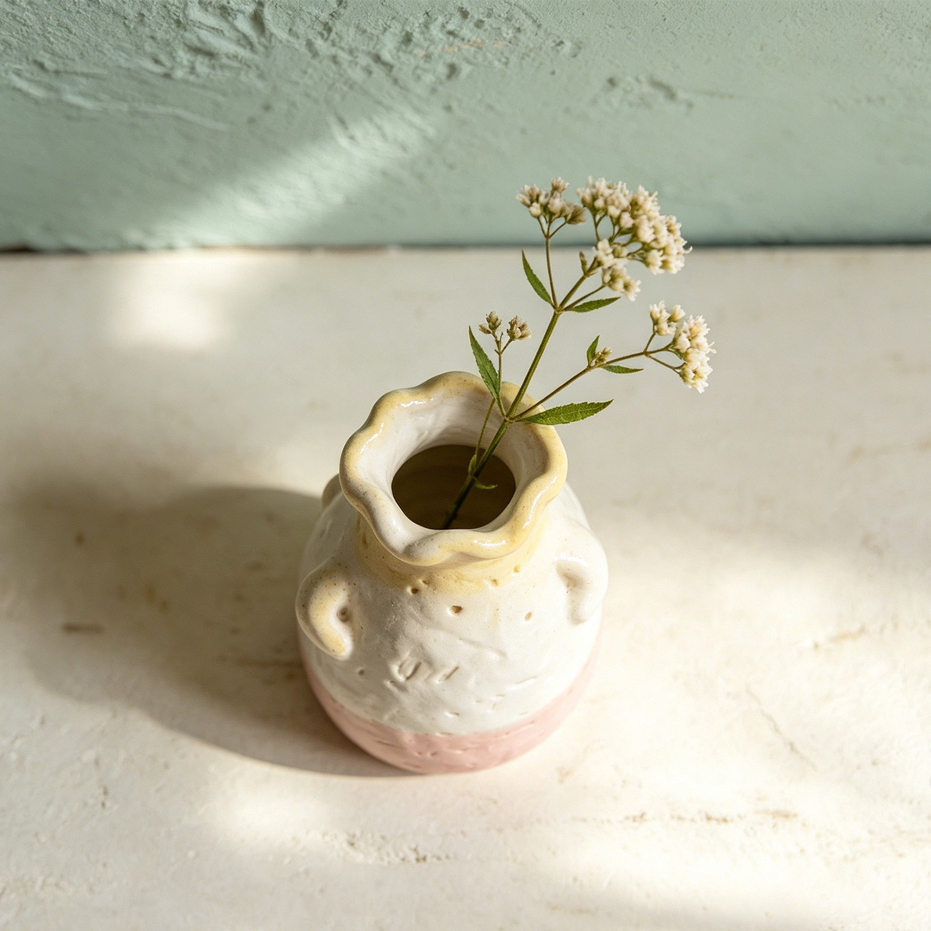 Close-up of small ceramic vases with floral arrangement