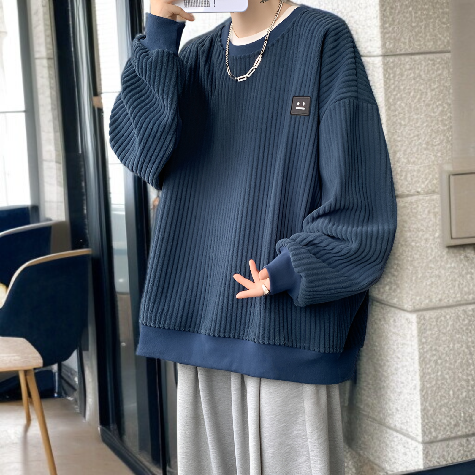 新しいメンズカジュアルスウェットシャツ 和風コーデュロイ ラウンドネック スウェットシャツ プラスベルベット 厚手スウェットシャツ メンズジャケット