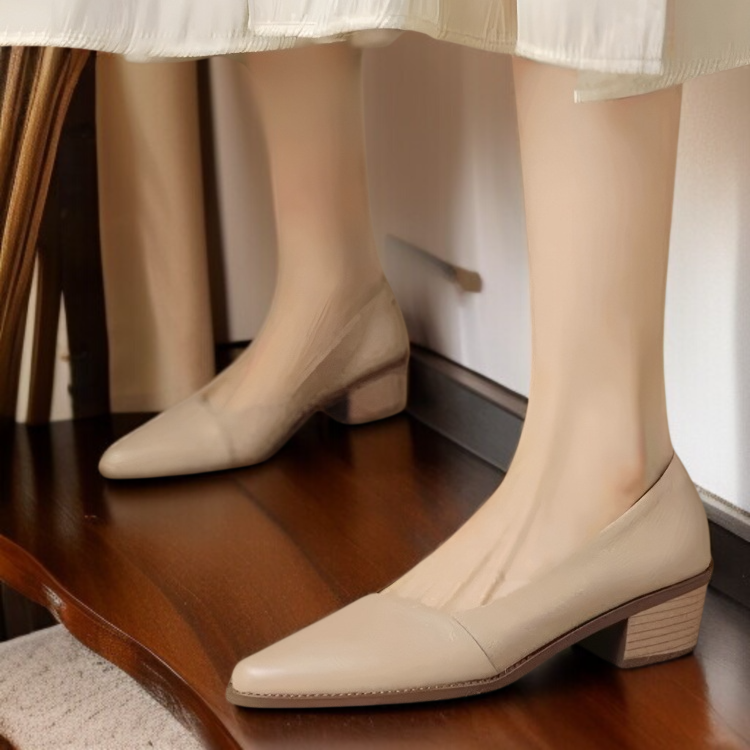 살구색 소프트 가죽 여성 스틸레토 단화 미들 굽 통굽 여성화