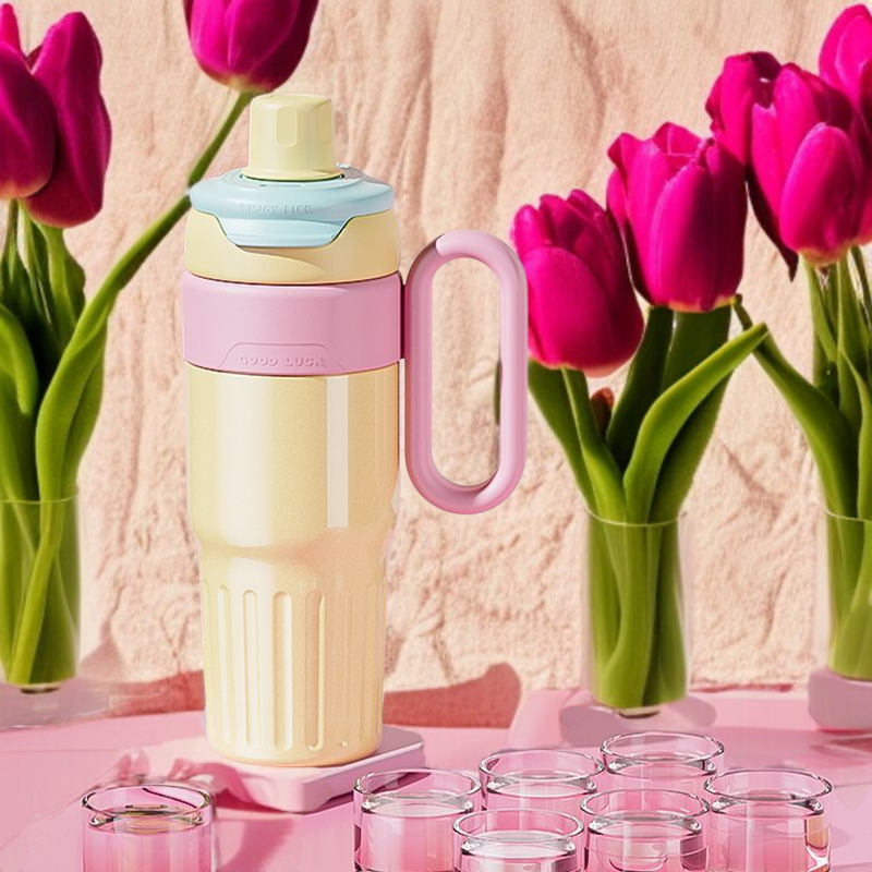 대용량 더블 진공 텀블러 학생 휴대용 비주얼 플라워 티컵 보냉 아이스컵 마카롱 빨대 물컵