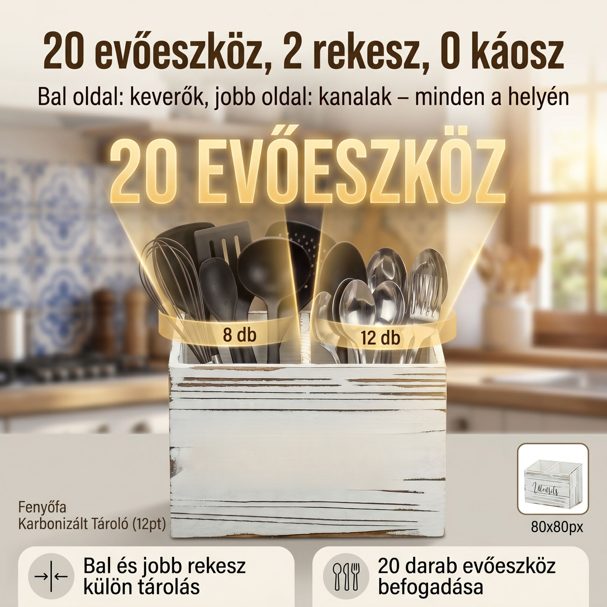 Háztartási szénnel kezelt fenyőfa tárolódoboz konyhai és sminkeszközök számára