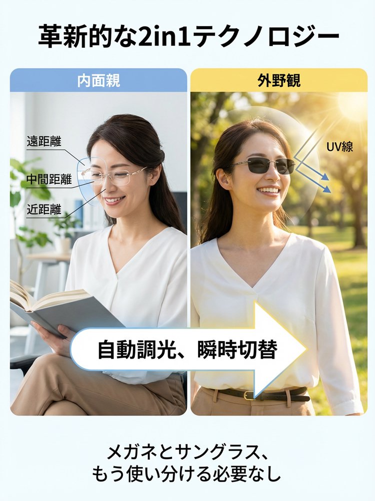 調光＆自動焦点調整チタン老眼鏡