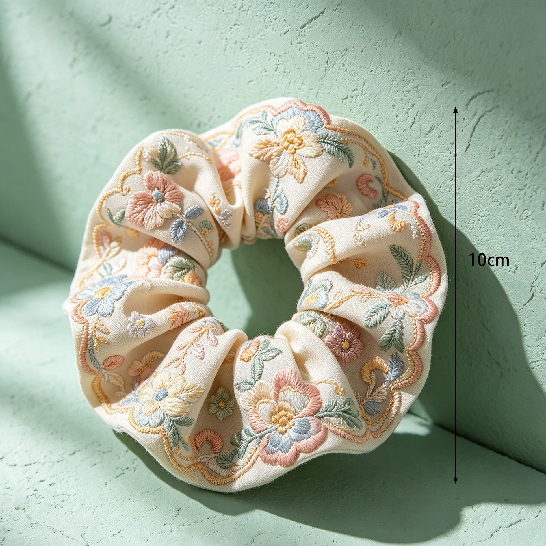 Embroidered hair ties arranged in a decorative pattern