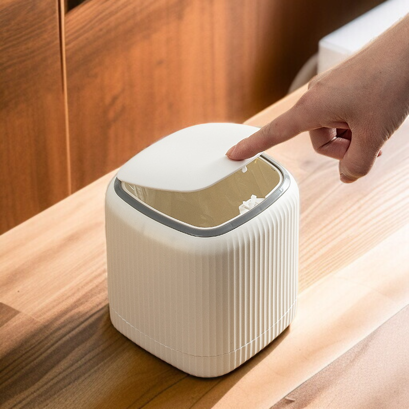 デスクトップゴミ箱プッシュオープン蓋、内側と外側の二重バレル、シンプルな北欧スタイルの蓋付き小型ゴミ箱