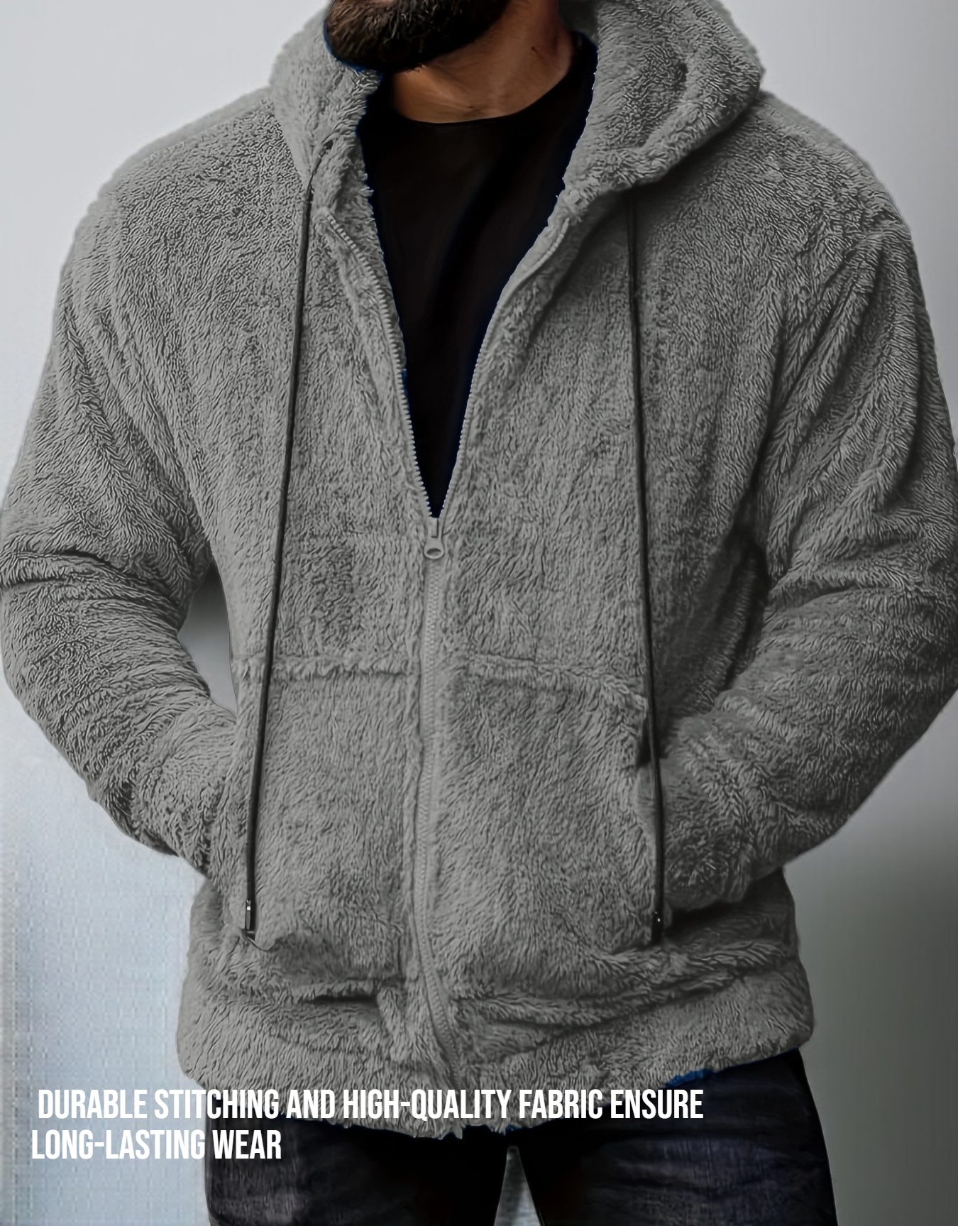 Front view of men's hooded fleece warm jacket
