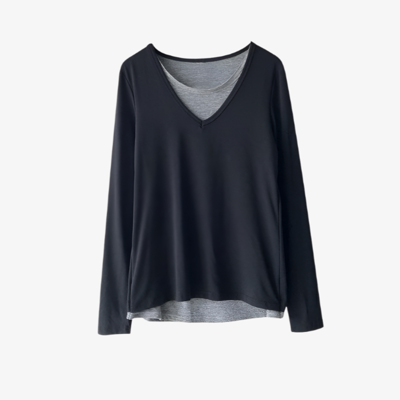 レディース秋長袖Tシャツ、秋パッチワークフェイクツーピースセット、新韓国スタイルカジュアルシックトップス、Tシャツベースレイヤー