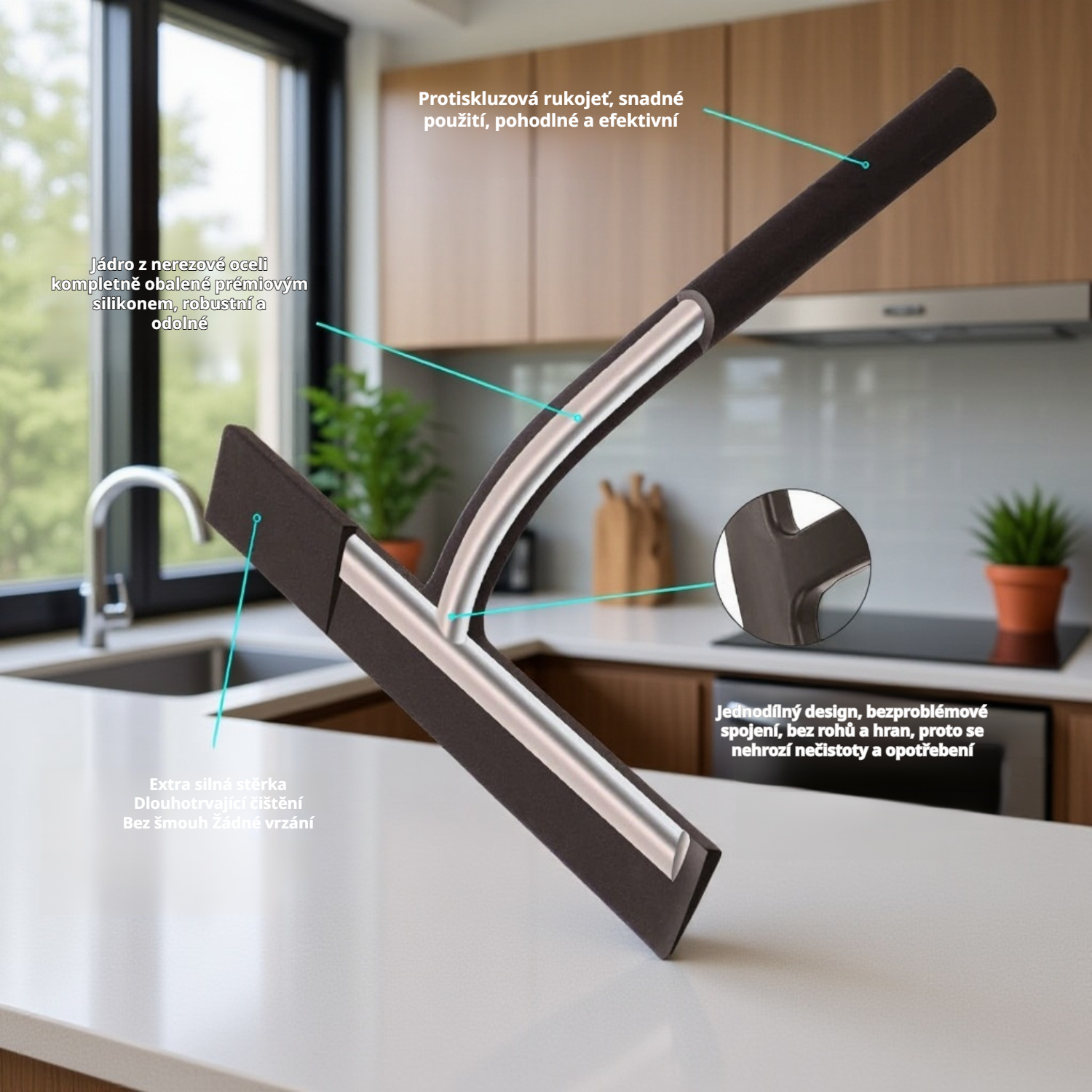 Silikonová stěrka na sprchové dveře v moderní koupelně