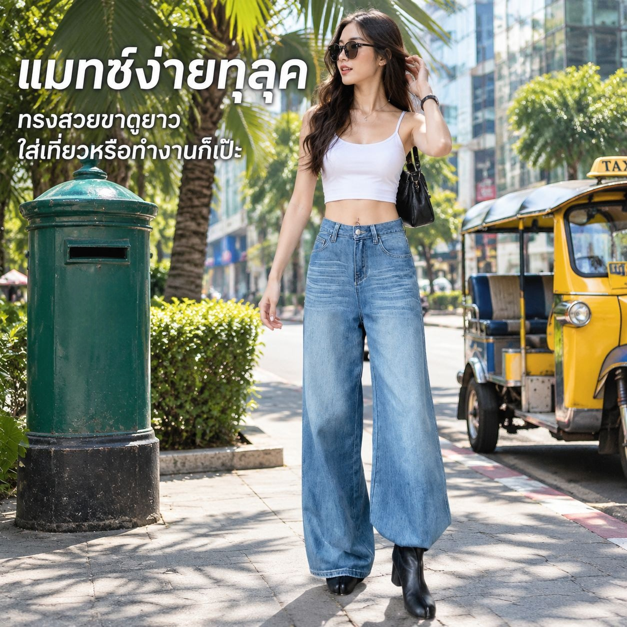 กางเกงยีนส์ขาตรงผู้หญิงเอวสูงแฟชั่นทรงหลวม