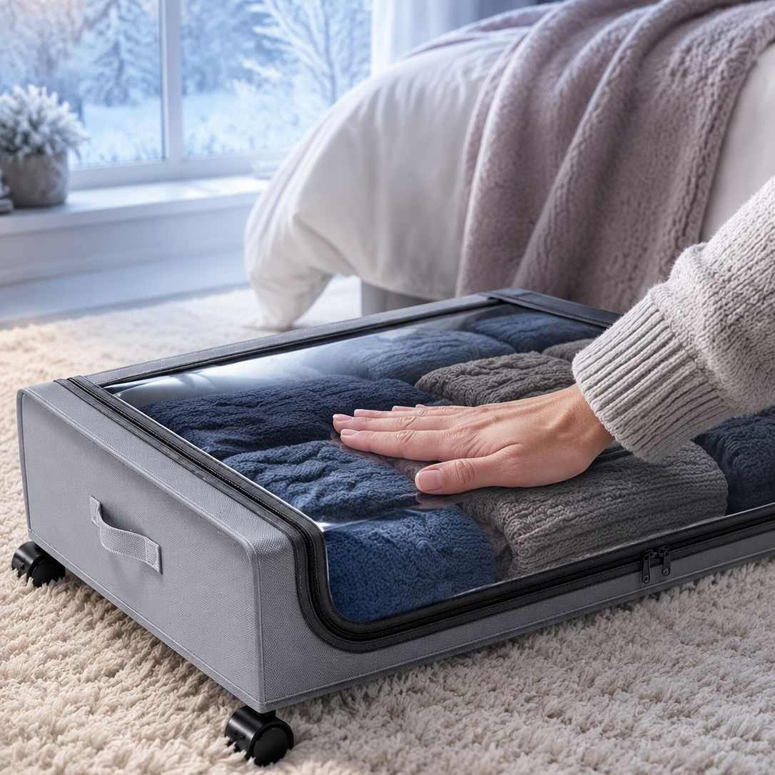 Unterbett-Faltbox mit Rollen und Deckel