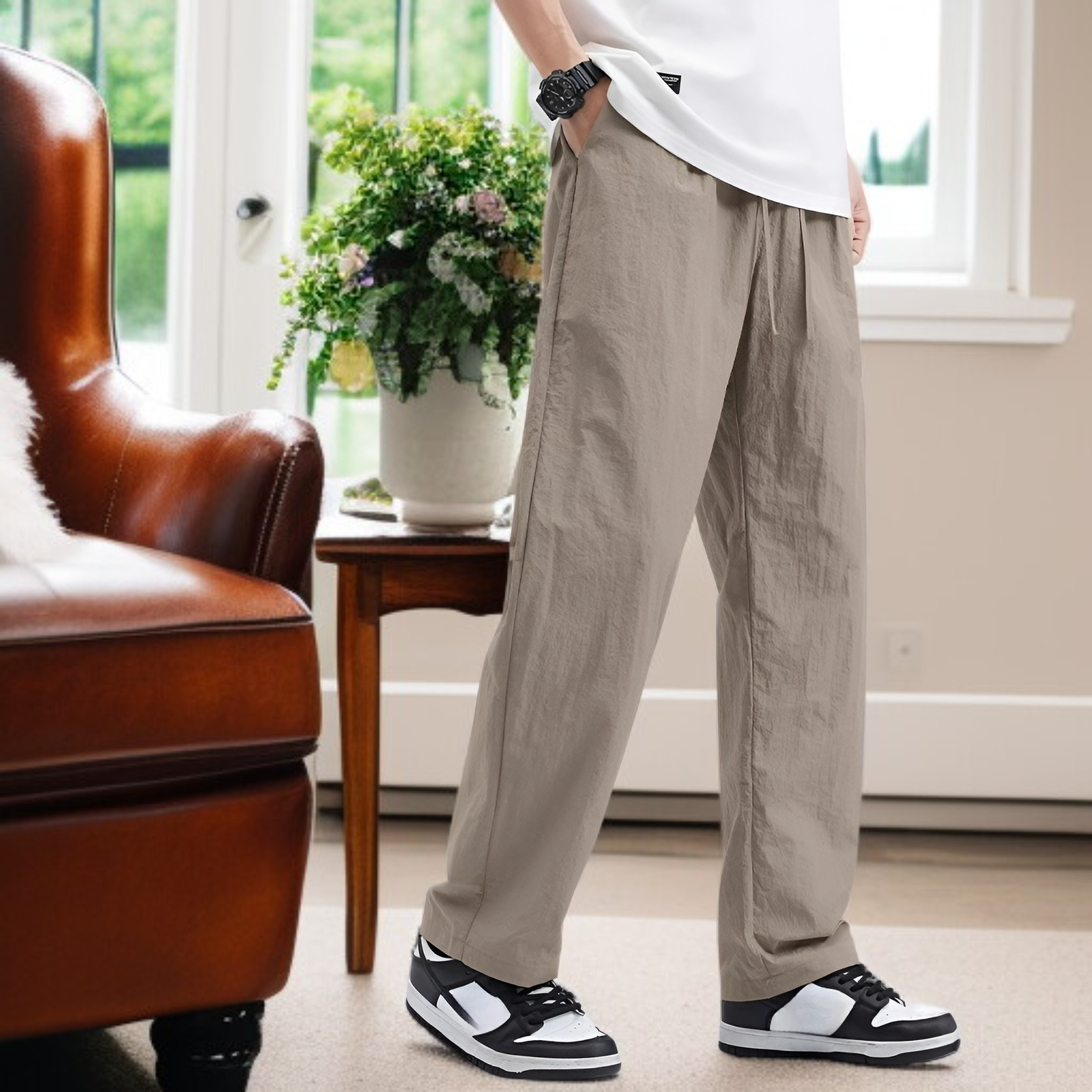 クールアイスシルクパンツメンズ夏薄手速乾ゆったりストレート作業着メンズパンツ夏スポーツカジュアルズボン