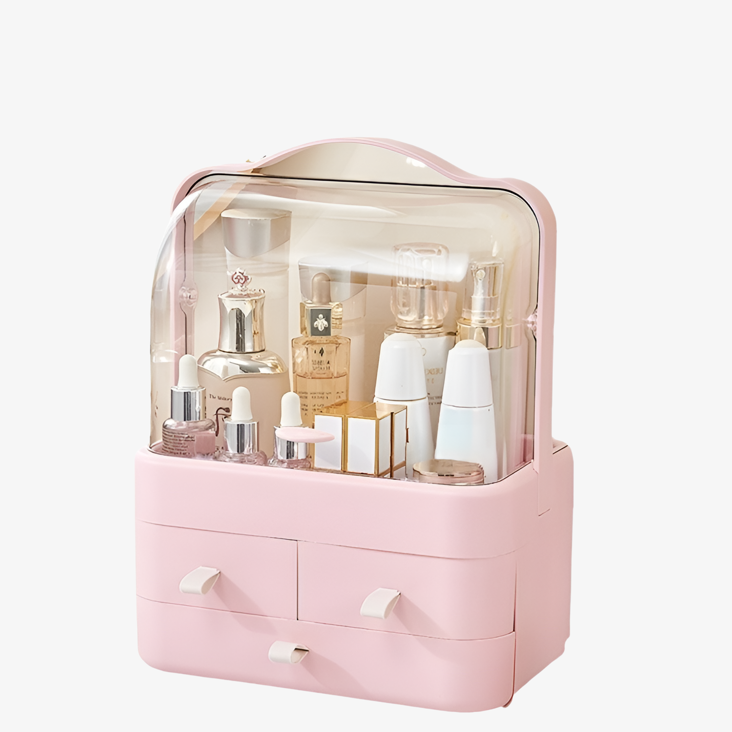 Staubgeschützte Aufbewahrungsbox für Kosmetik auf dem Tisch