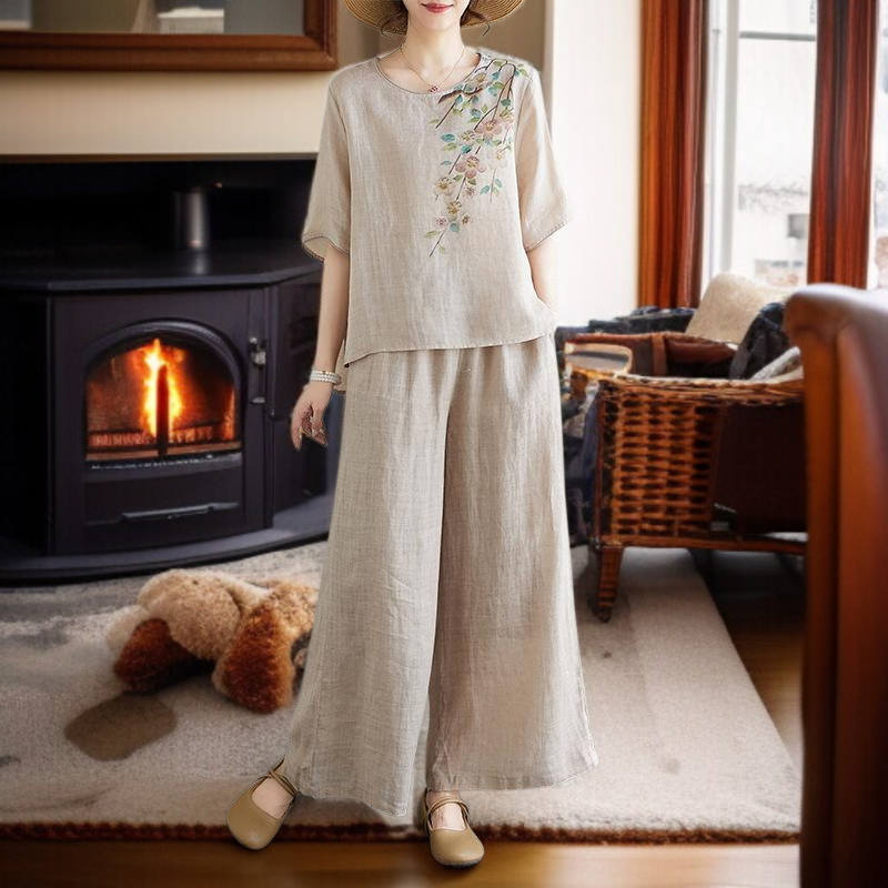 빈티지 프린트 라운드 세트 여 여름 풀오버 린넨 셔츠 얇은 와이드 팬츠 슬림해 보이는 면마 투피스