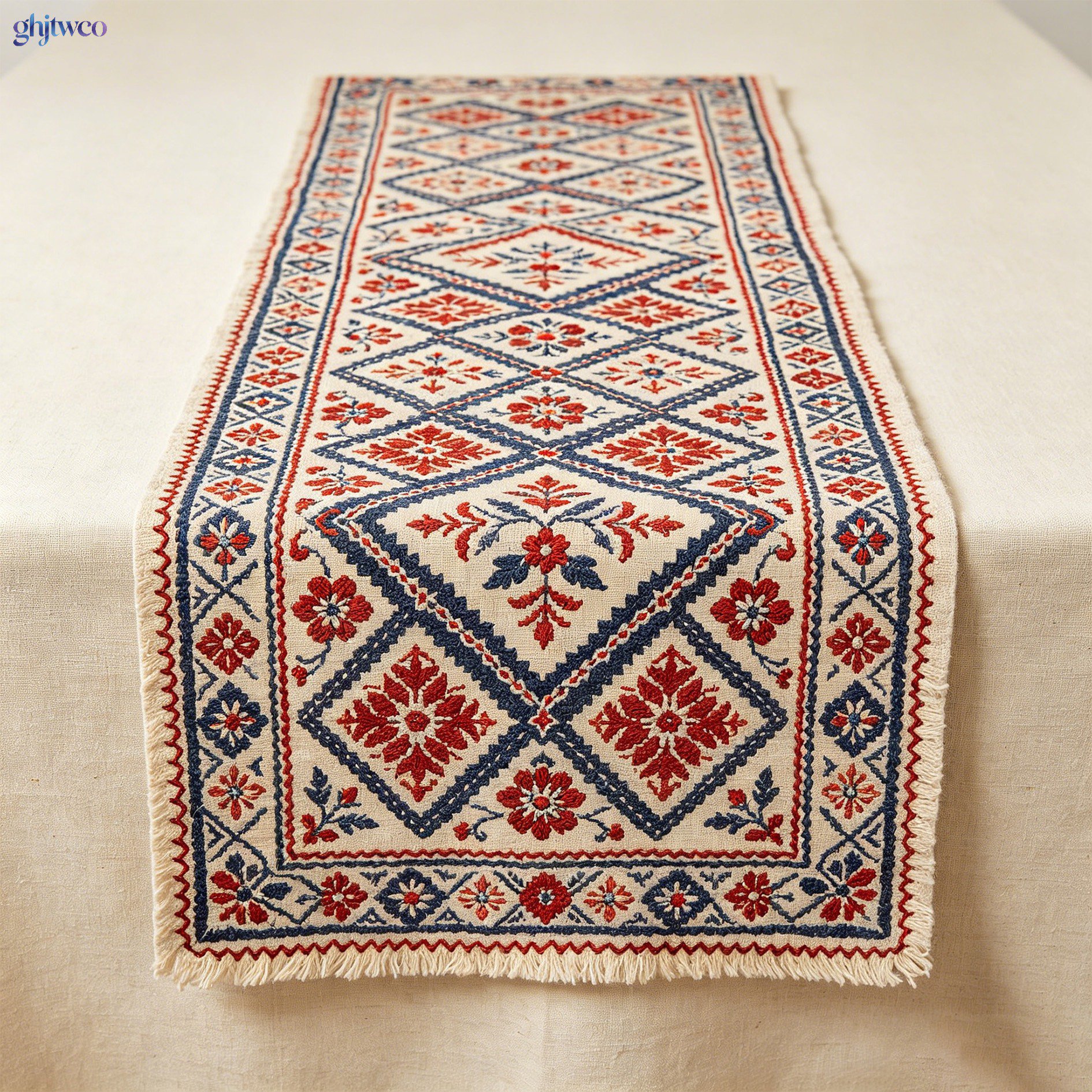 Hand-embroidered table runner on elegant dining table
