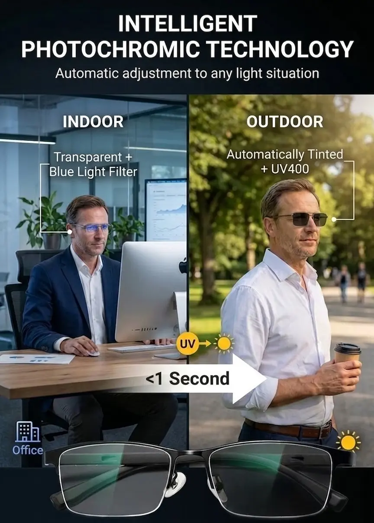 【Instant Transformation into a Stylish Man】Smart Zoom, Photochromic, Ultra-Light Glasses