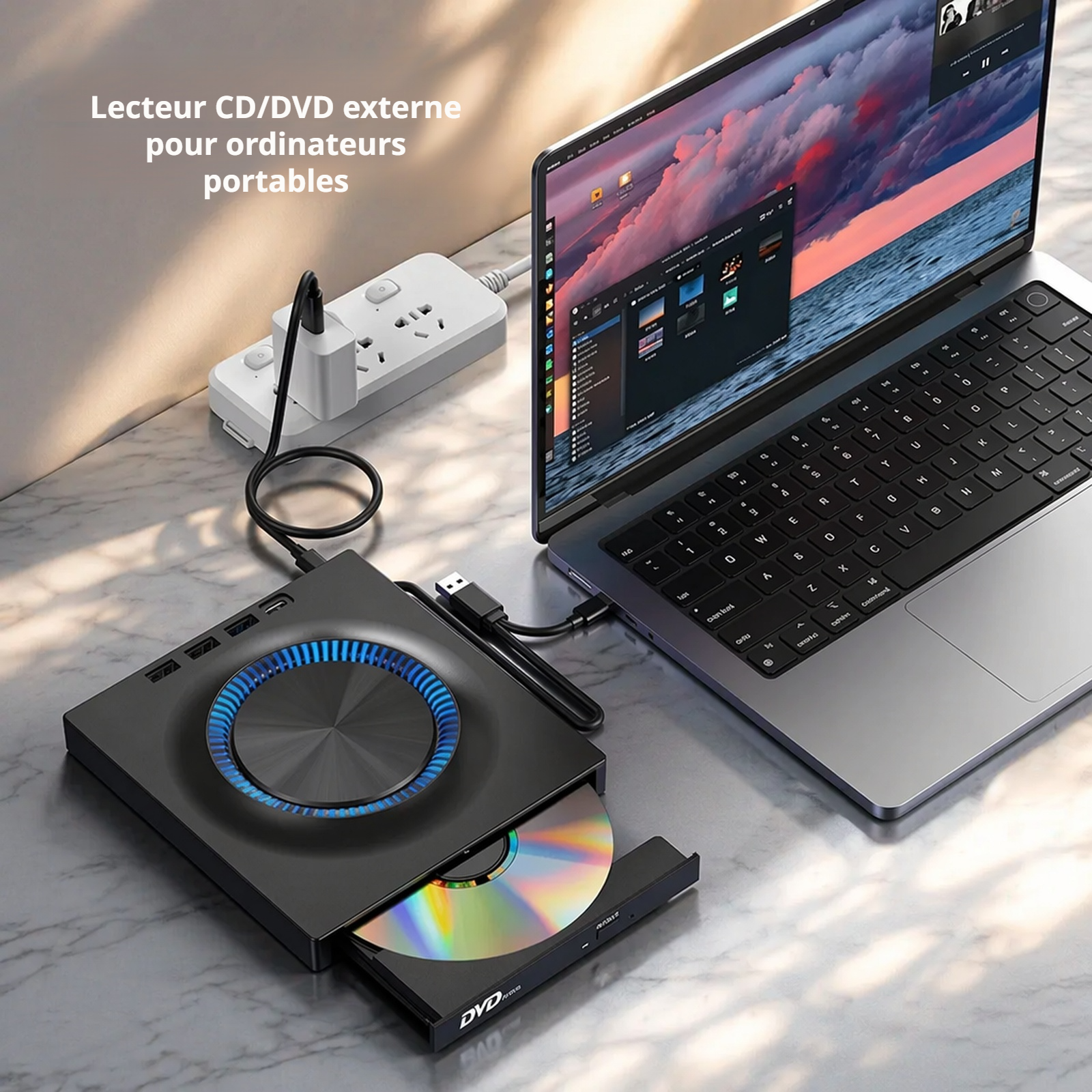 Graveur DVD USB portable avec carte d’extension vue de face