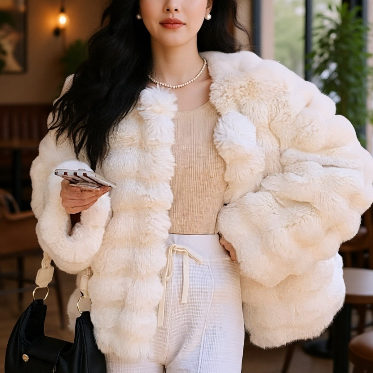 Téli környezetbarát nyúlprém rövid kabát, koreai stílusú, elegáns báránygyapjú női ruházat, vastag