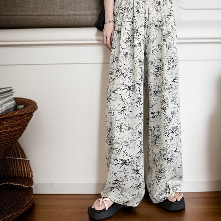 와이드 팬츠 여 패션 수묵 팬츠 처짐 날씬해 보이는 하이웨스트 일자 스커트 슬림핏 플라워 와이드 팬츠