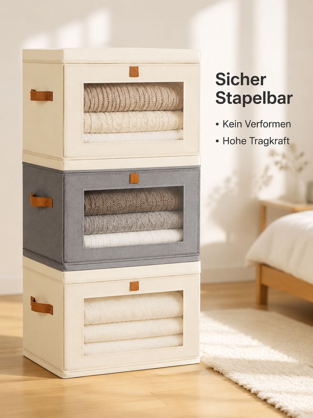 Faltbare Stoff-Aufbewahrungsbox mit Deckel, durchsichtiges Fenster, stapelbar für den Haushalt