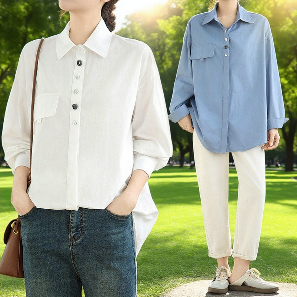 캐주얼 루즈핏 단색 터틀넥 긴팔 셔츠