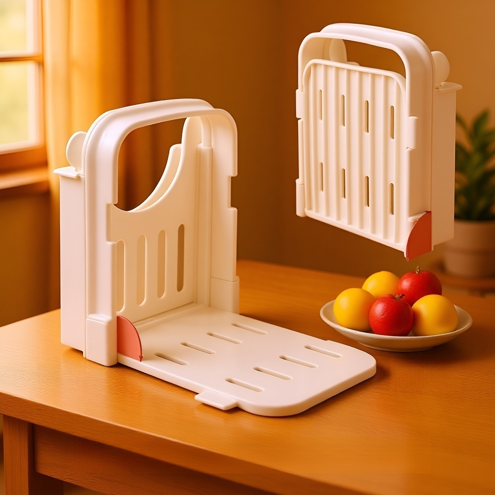 トーストスライサーで厚さを揃えてパンを切るシーン