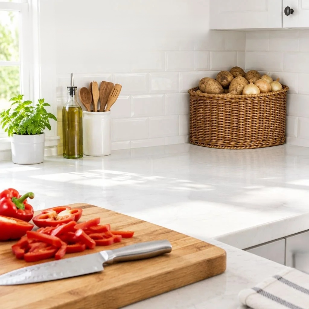 Corner basket filled with fruits and vegetables on a kitchen counter.