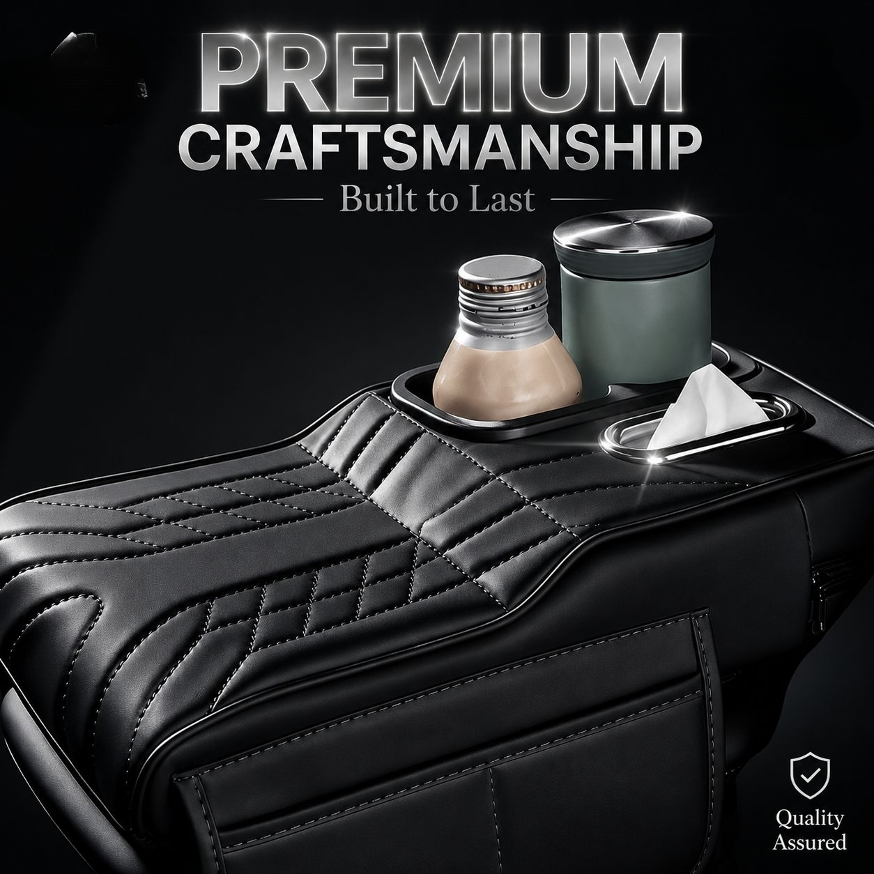 Car Armrest Cushion with Tissue Dispenser and Cup Holder Interior Upgrade Accessory