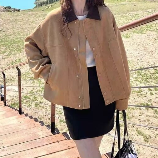 Women's Autumn Candy Color Suede Short Vintage Button Collar Jacket
