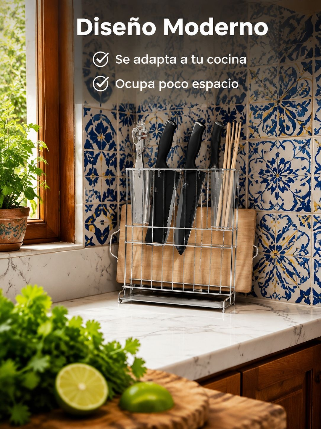 Soporte doméstico para cucharas con diseño moderno y tabla de picar