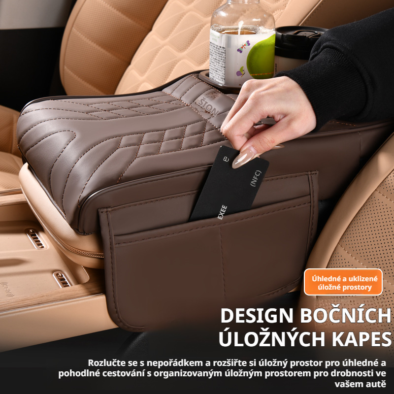 Čalouněná opěrka do auta s úložnými kapsami a držákem na nápoje