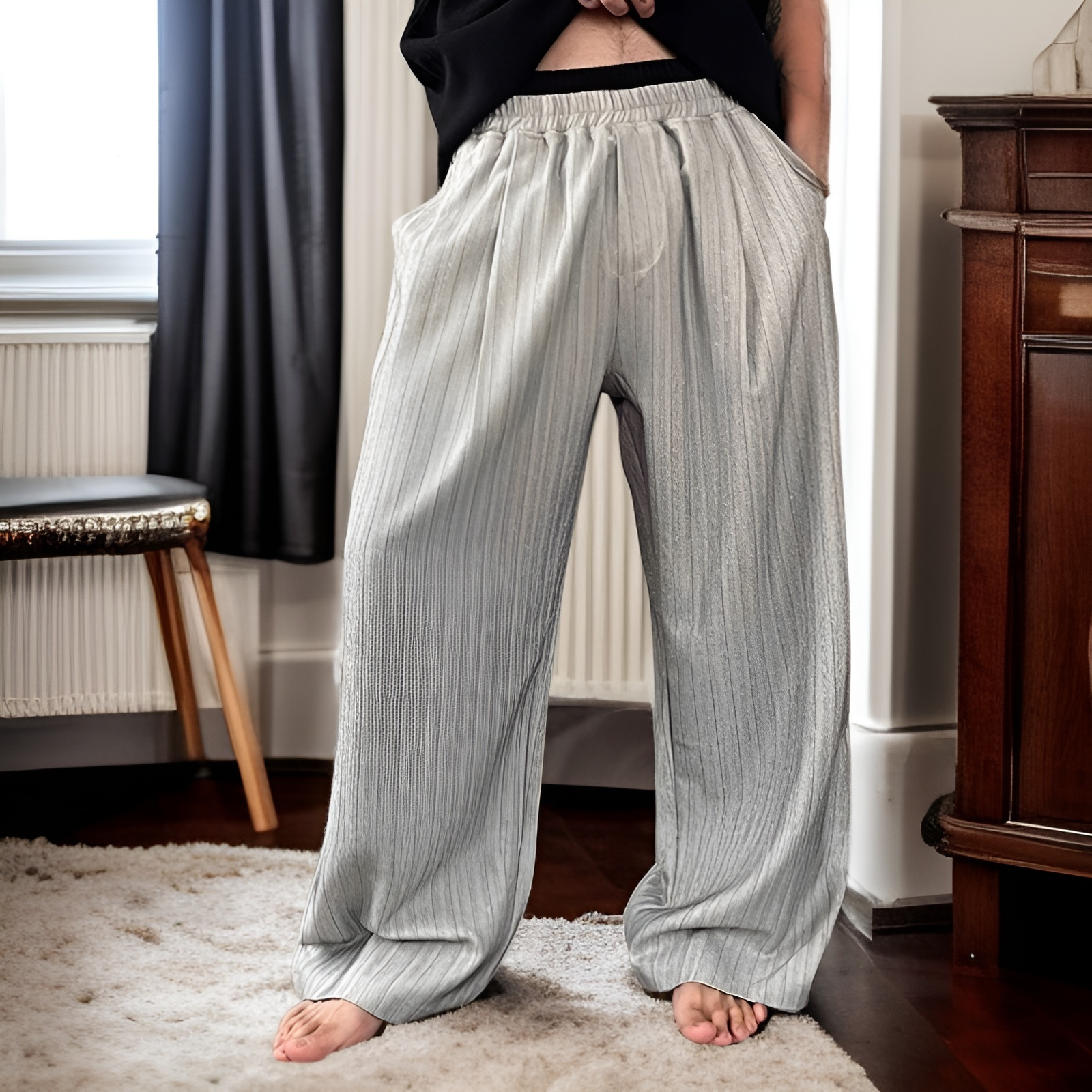 メンズカジュアルストライプストレートレッグルーズパンツ