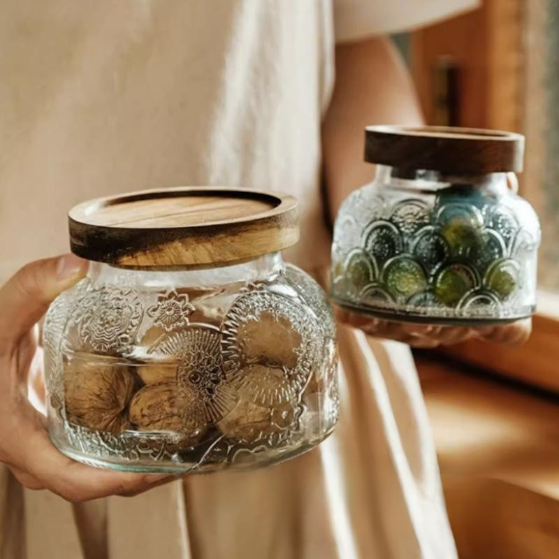 復古玻璃密封罐木蓋咖啡豆儲存罐茶葉罐