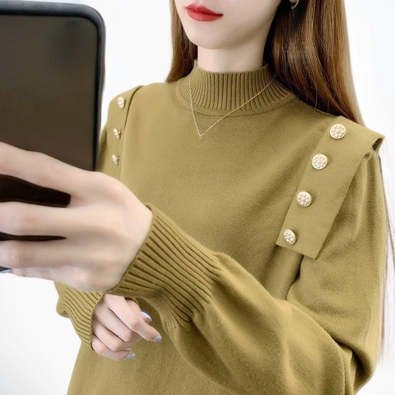 가을 겨울 신상품 여성용 풀오버 하프 터틀넥 스웨터 두꺼운 바닥 버튼 스웨터 상의