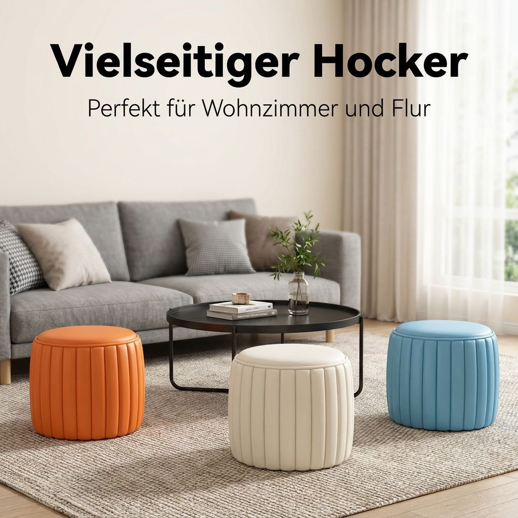Niedriger, runder, schlichter Lederhocker für Zuhause