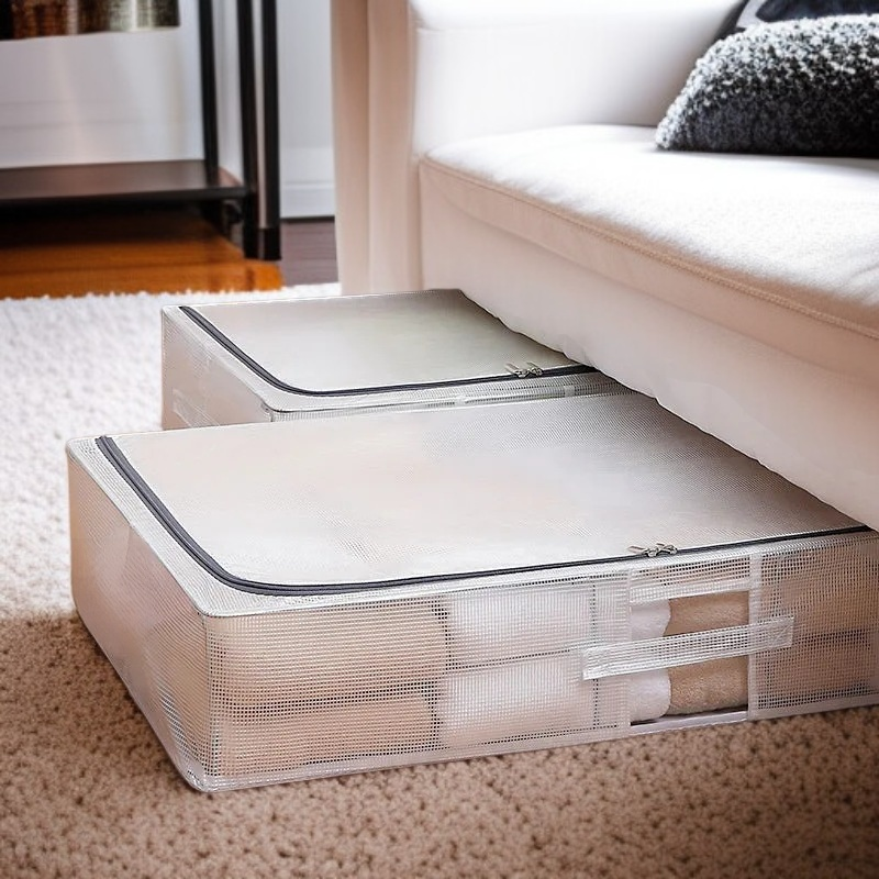 กล่องเก็บเสื้อผ้าใสใต้เตียงในหอพัก ขนาดใหญ่ กันน้ำพร้อมโครงเหล็กแบบแบน