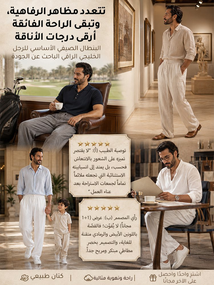 [اشترِ 1 واحصل على 1 مجانًا] بنطال كتان رجالي كاجوال بقصة مستقيمة وملمس بارد